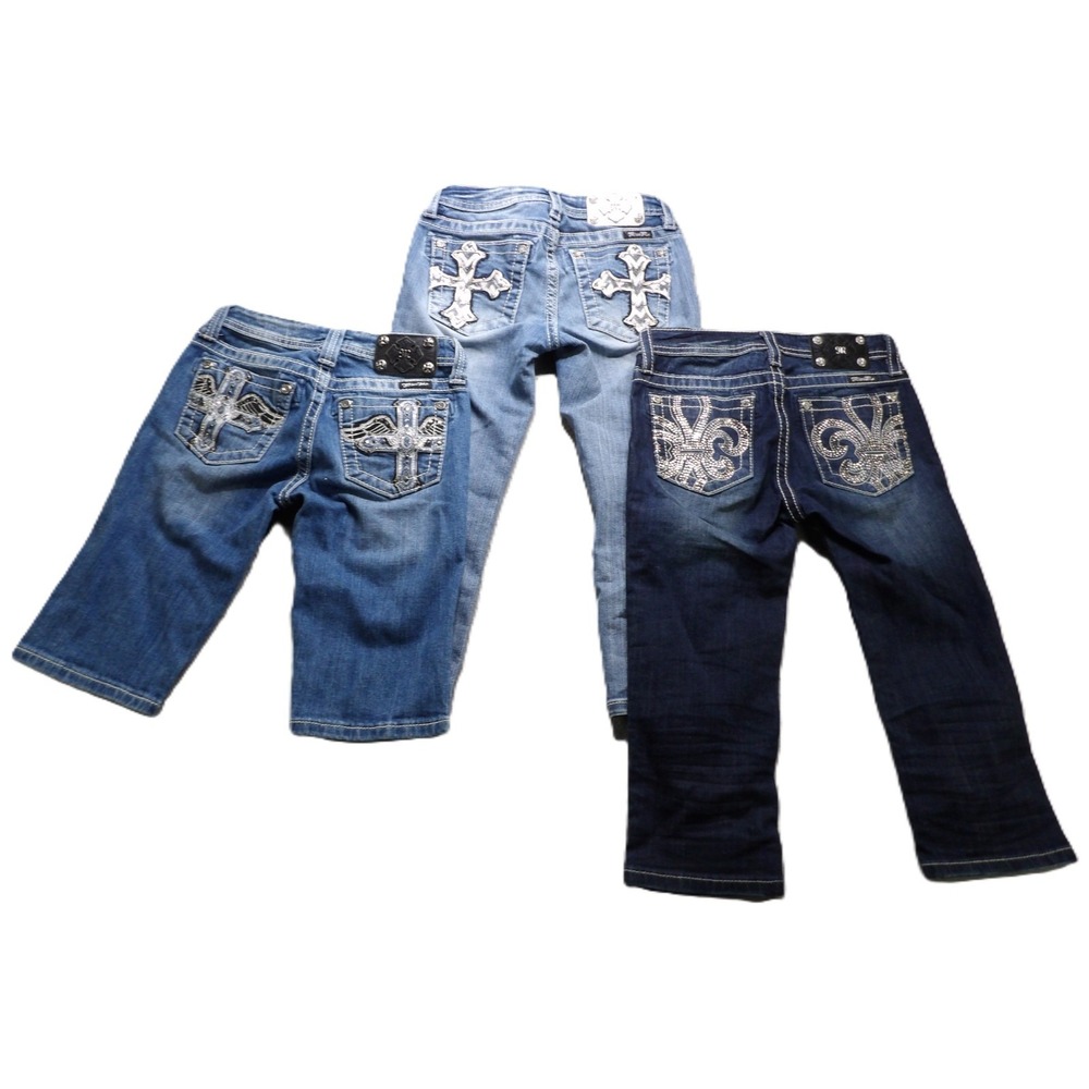 Miss Me Girls 12 Capri Jean Lot 3 Rhinestone Cross Flap Pocket Embellished Denim